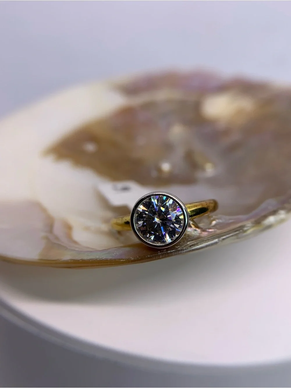 Yellow - White Gold Two Tone Bezel Moissanite Ring Brilliant Round Cut GRA 2 Ct